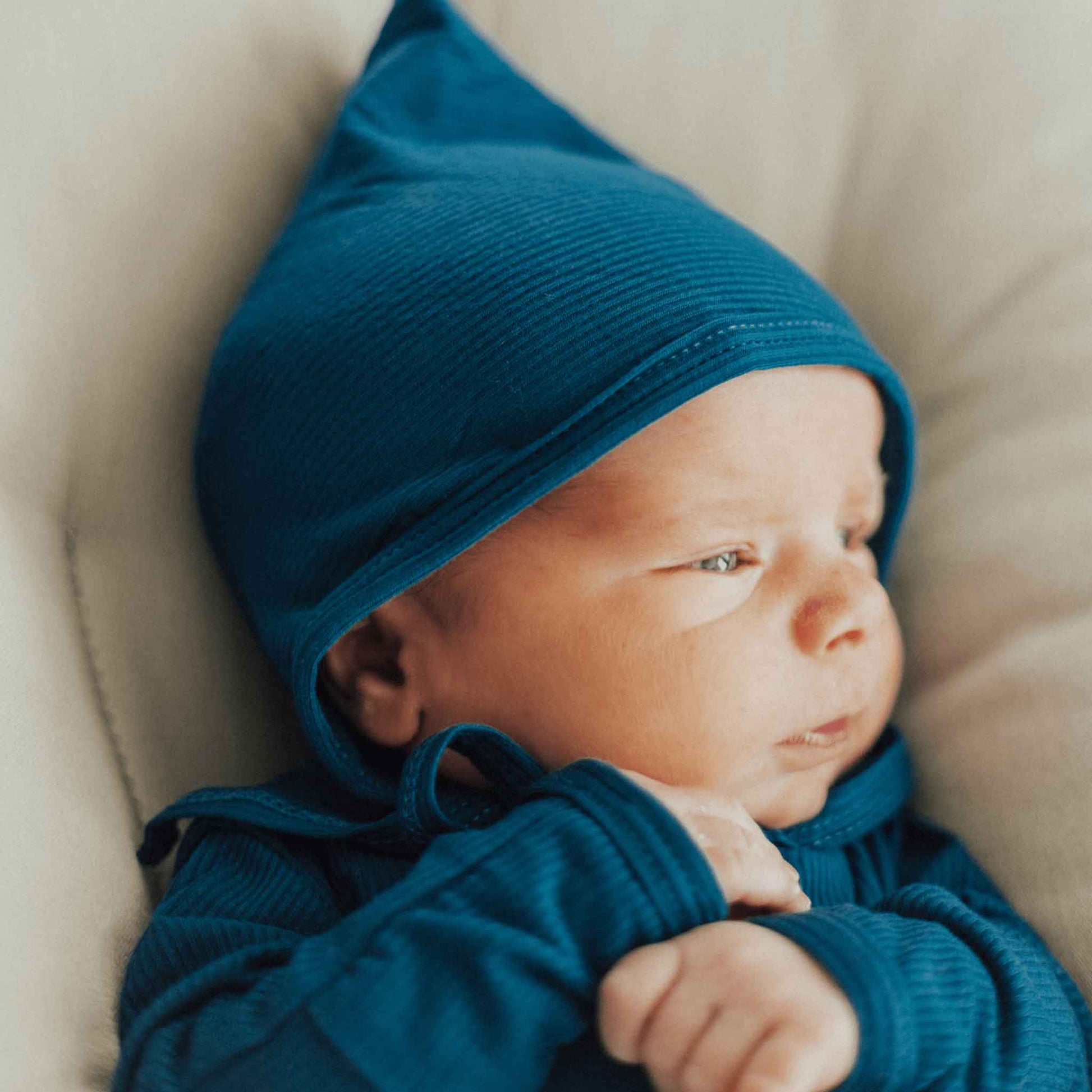 dark blue baby bonnet, ribbed knit pixie bonnet, coming home outfit
