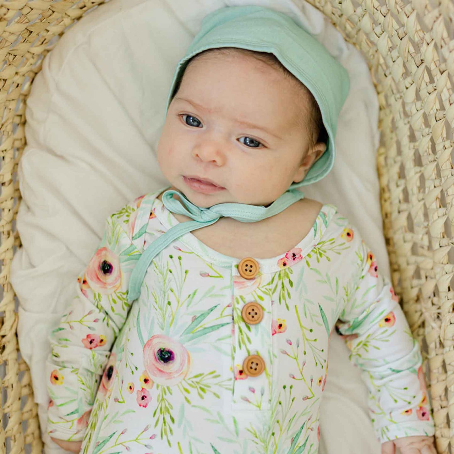 floral baby gown, knotted infant gown, coming home outfit, hospital photo props, baby bonnet mint