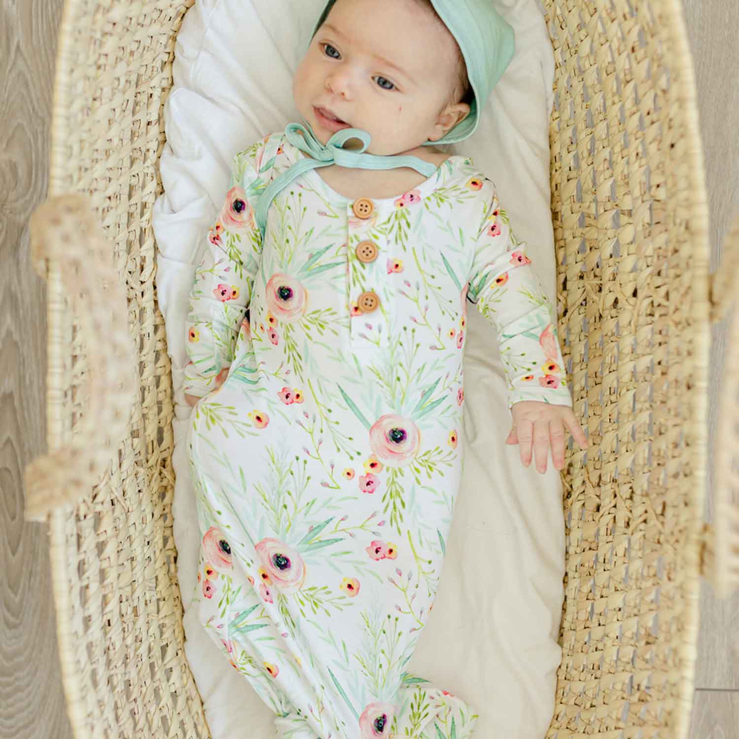 floral baby gown, knotted infant gown, coming home outfit, hospital photo props, baby bonnet mint