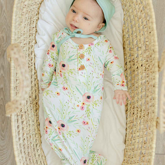 floral baby gown, knotted infant gown, coming home outfit, hospital photo props, baby bonnet mint