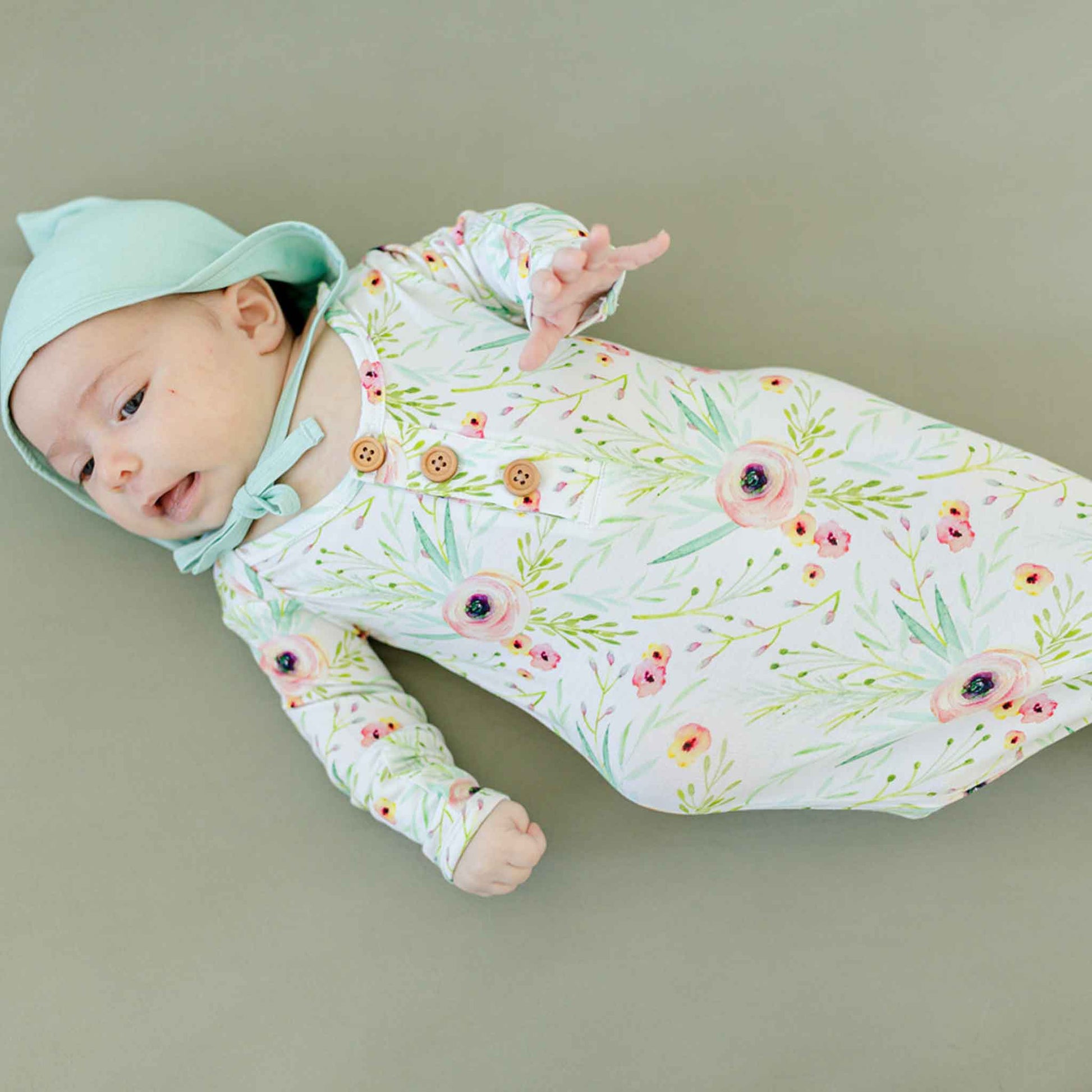 floral baby gown, knotted infant gown, coming home outfit, hospital photo props, baby bonnet mint