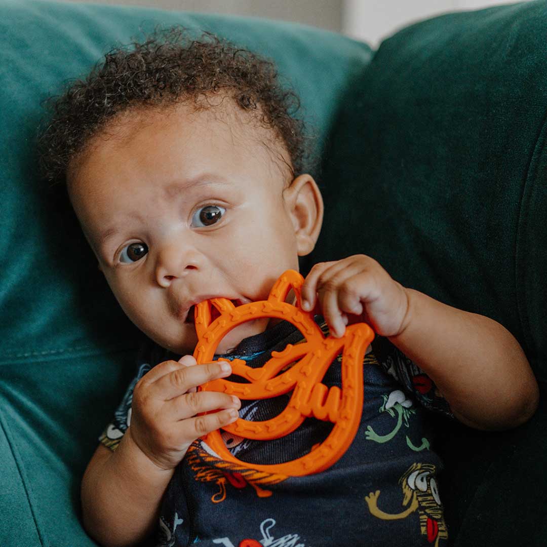 orange fox silicone baby teether, fox teether, toddler teething toy