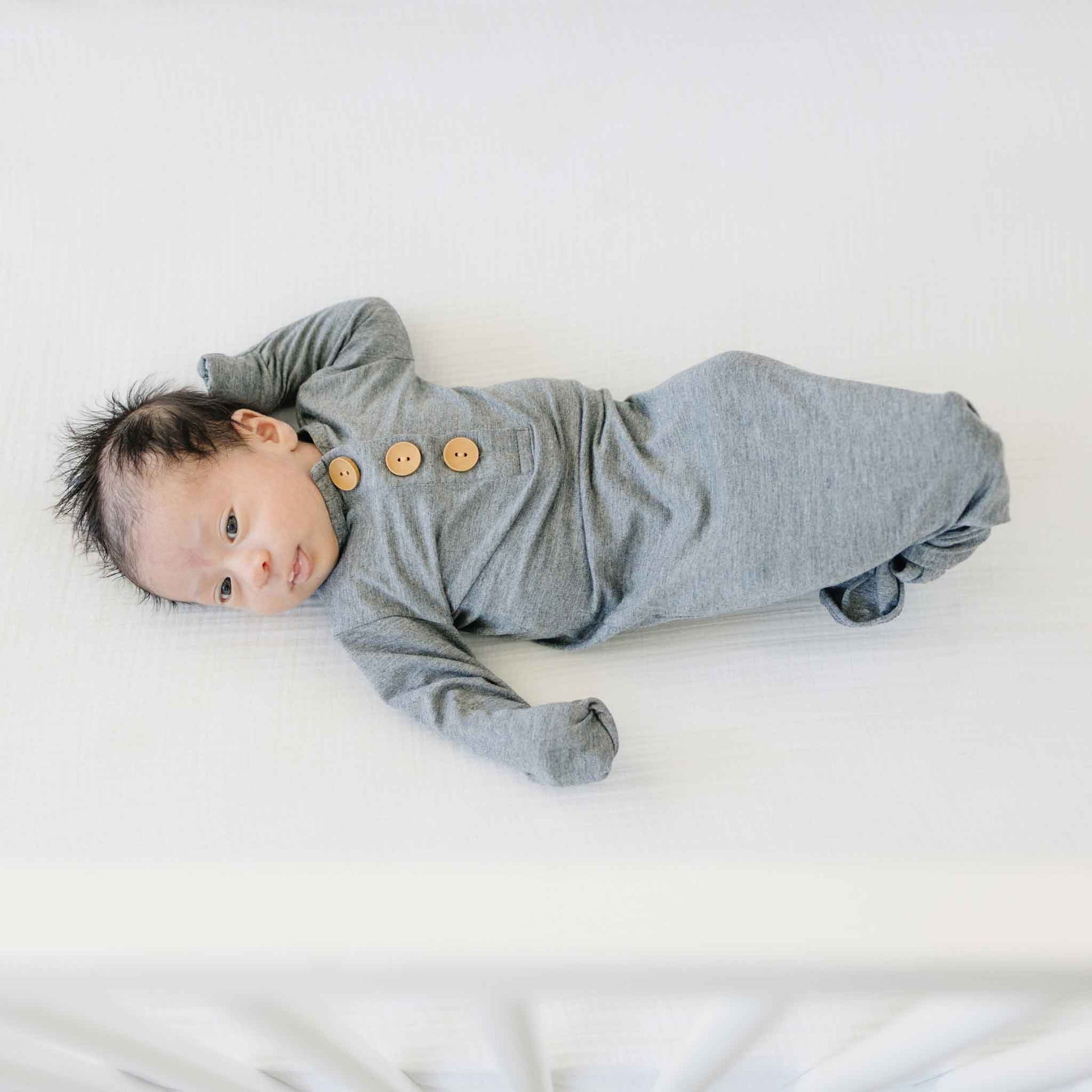 heather grey baby gown, knotted infant gown, unisex baby gown, hospital coming home outfit