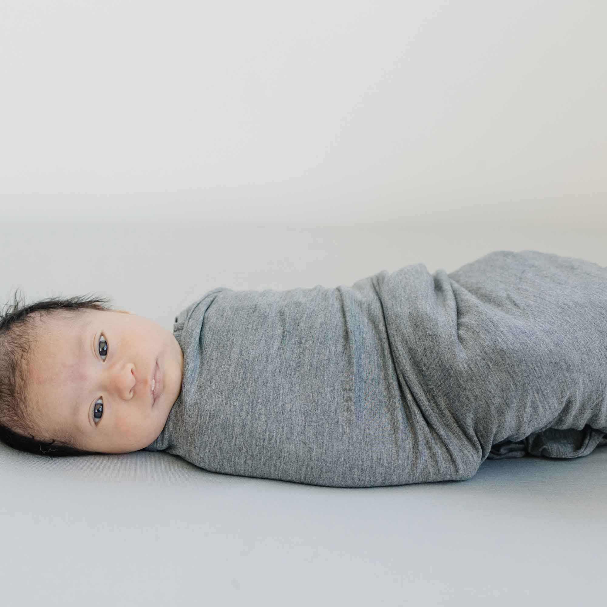 heather grey swaddle blanket, stretchy unisex swaddling wrap, hospital photo blanket