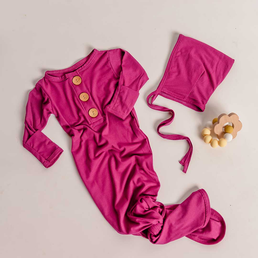 Knotted Baby Gown & Bonnet | Magenta Pink