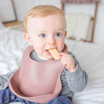 silicone bucket bib, baby feeding bib, silicone pocket bib, mauve baby bib