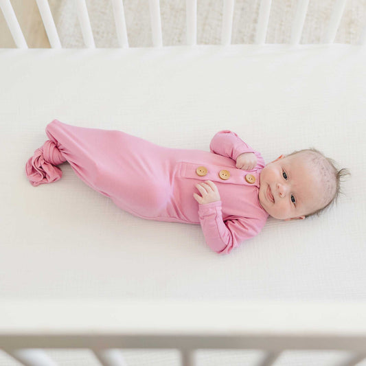 knotted baby gown, infant going home outfit, baby girl knotted gown, solid pink baby gown