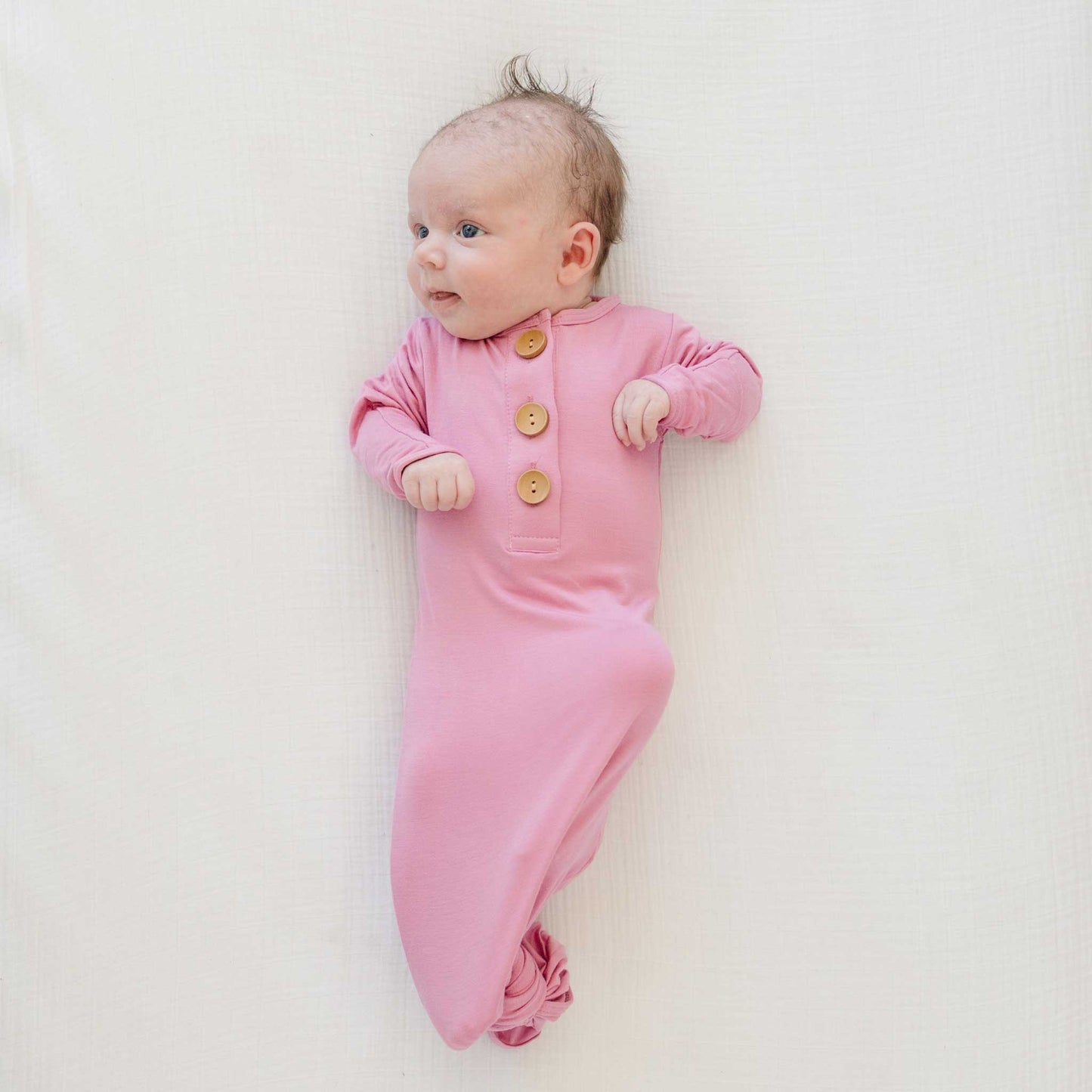 knotted baby gown, infant going home outfit, baby girl knotted gown, solid pink baby gown