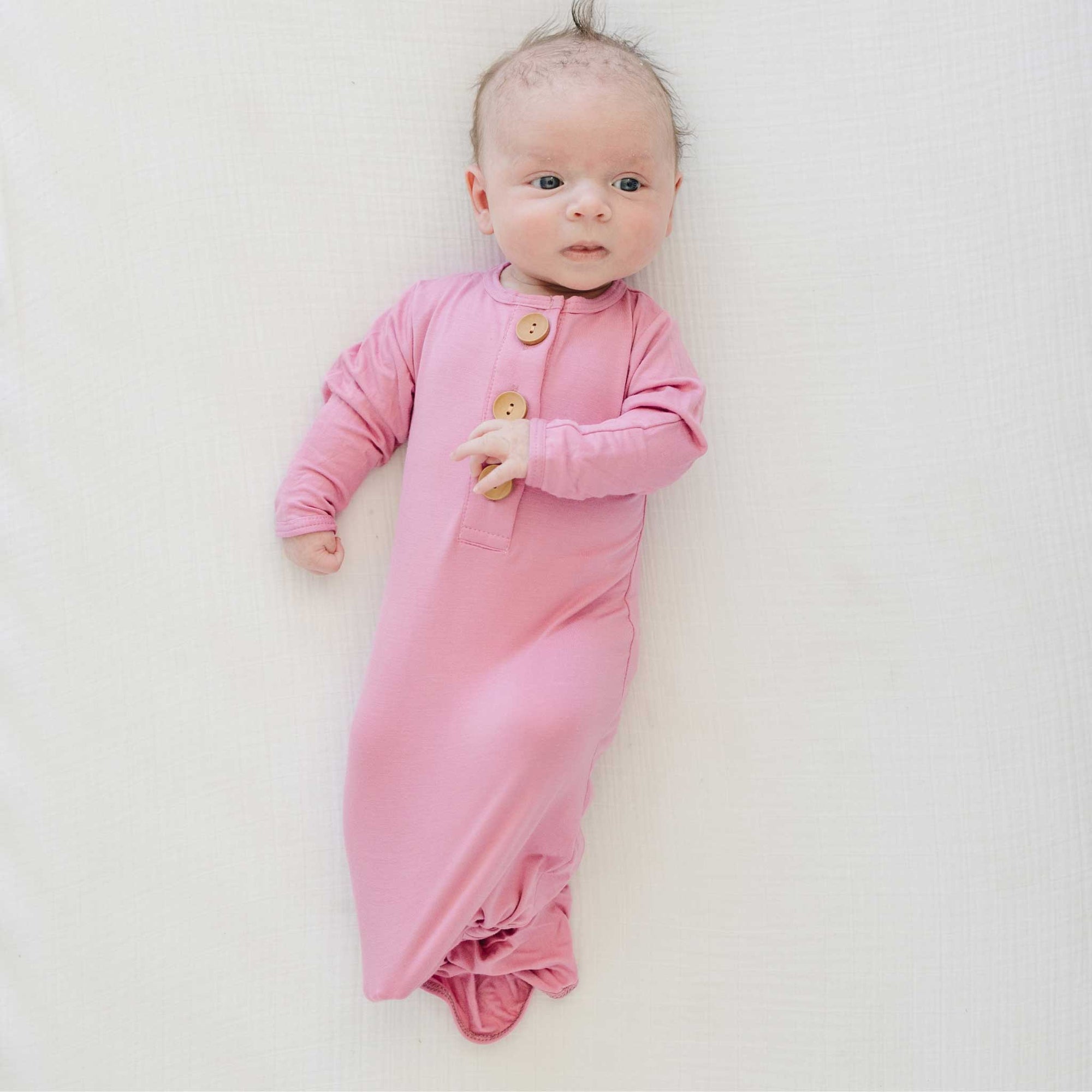 knotted baby gown, infant going home outfit, baby girl knotted gown, solid pink baby gown