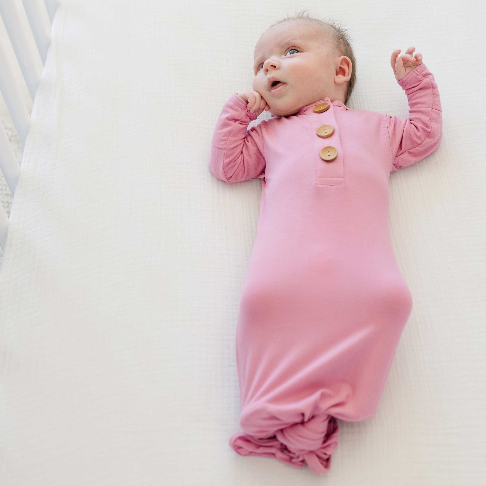 knotted baby gown, infant going home outfit, baby girl knotted gown, solid pink baby gown