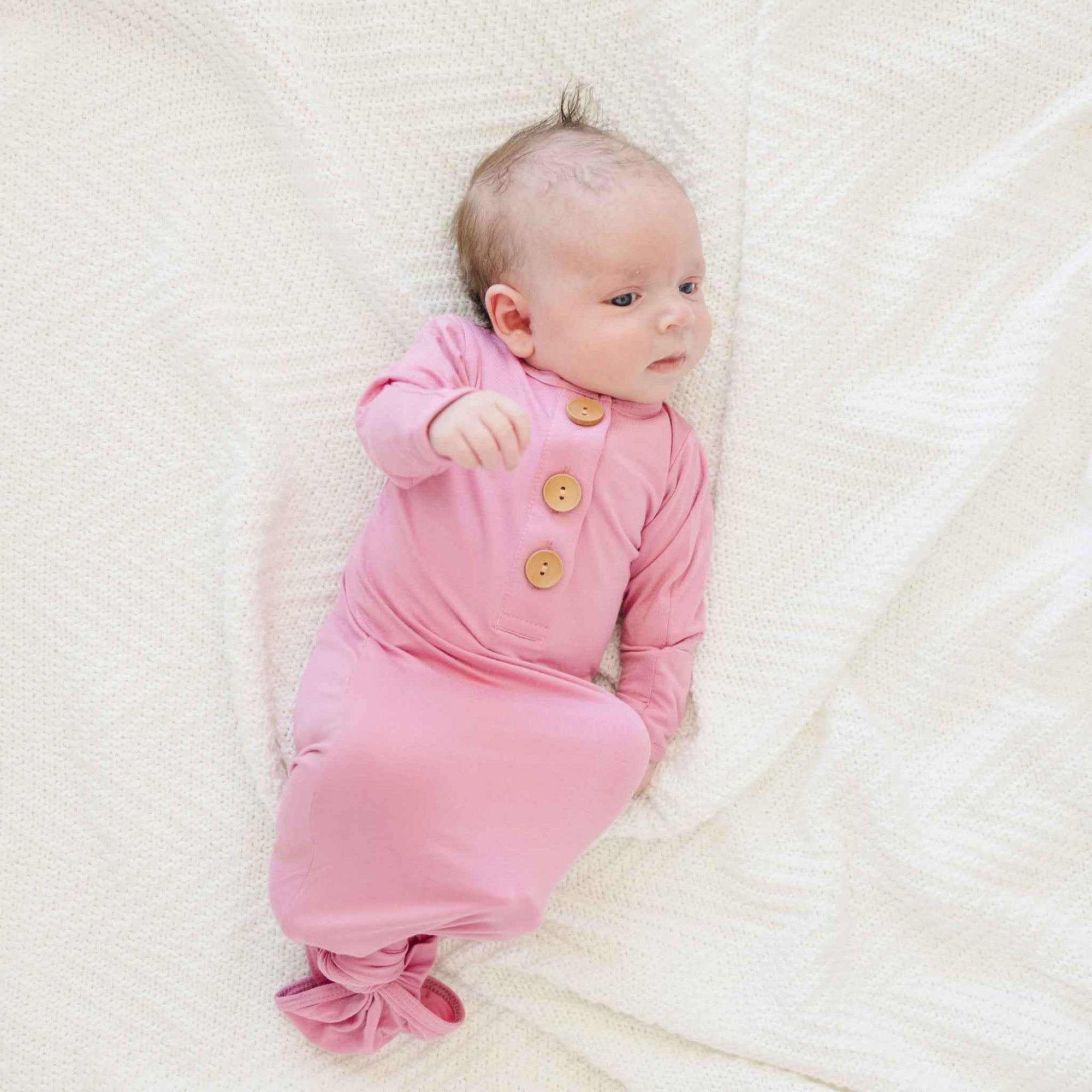 knotted baby gown, infant going home outfit, baby girl knotted gown, solid pink baby gown