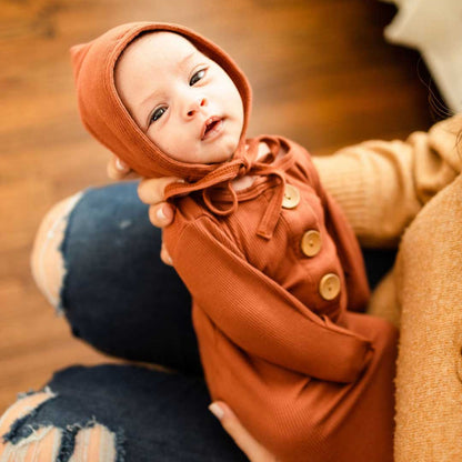 rust knotted gown and bonnet set, knot gown, baby bonnet, coming home outfit