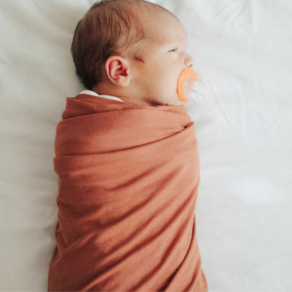 ribbed knit swaddle blanket, stretchy ribbed blanket, rust orange baby blanket, receiving blanket, newborn photo props