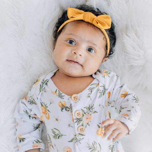 knotted baby gown, tangerine fruit, baby tie gown, infant apparel