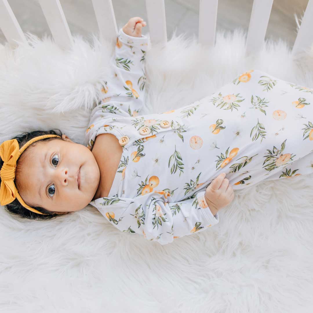 knotted baby gown, tangerine fruit, baby tie gown, infant apparel