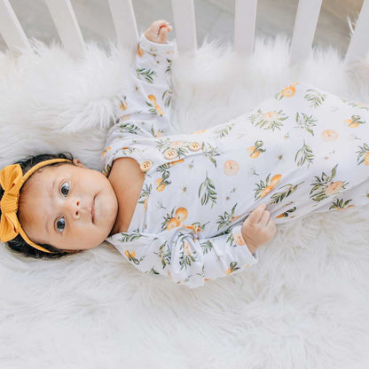 knotted baby gown, tangerine fruit, baby tie gown, infant apparel