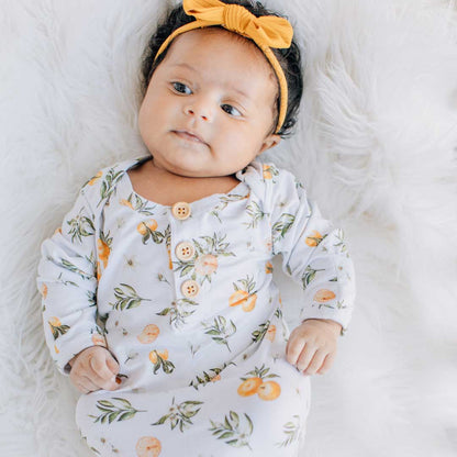 knotted baby gown, tangerine fruit, baby tie gown, infant apparel