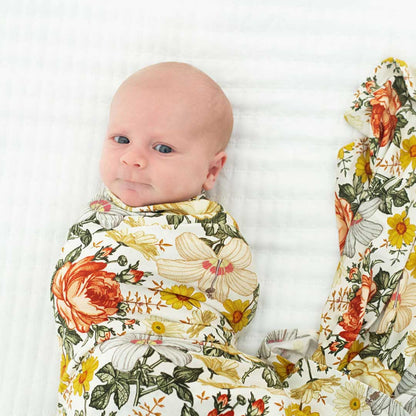 vintage floral stretchy swaddle, baby girl blanket, swaddling wrap, baby shower gift