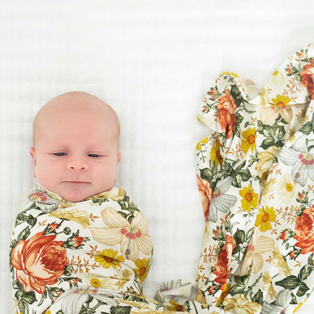 vintage floral stretchy swaddle, baby girl blanket, swaddling wrap, baby shower gift